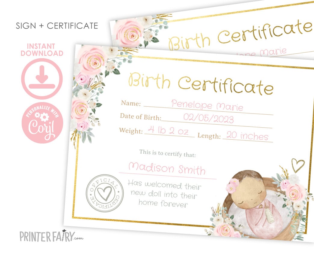 Floral Doll Birth Certificate, Adoption Party (INSTANT DOWNLOAD)