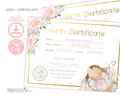 Floral Doll Birth Certificate, Adoption Party (INSTANT DOWNLOAD)