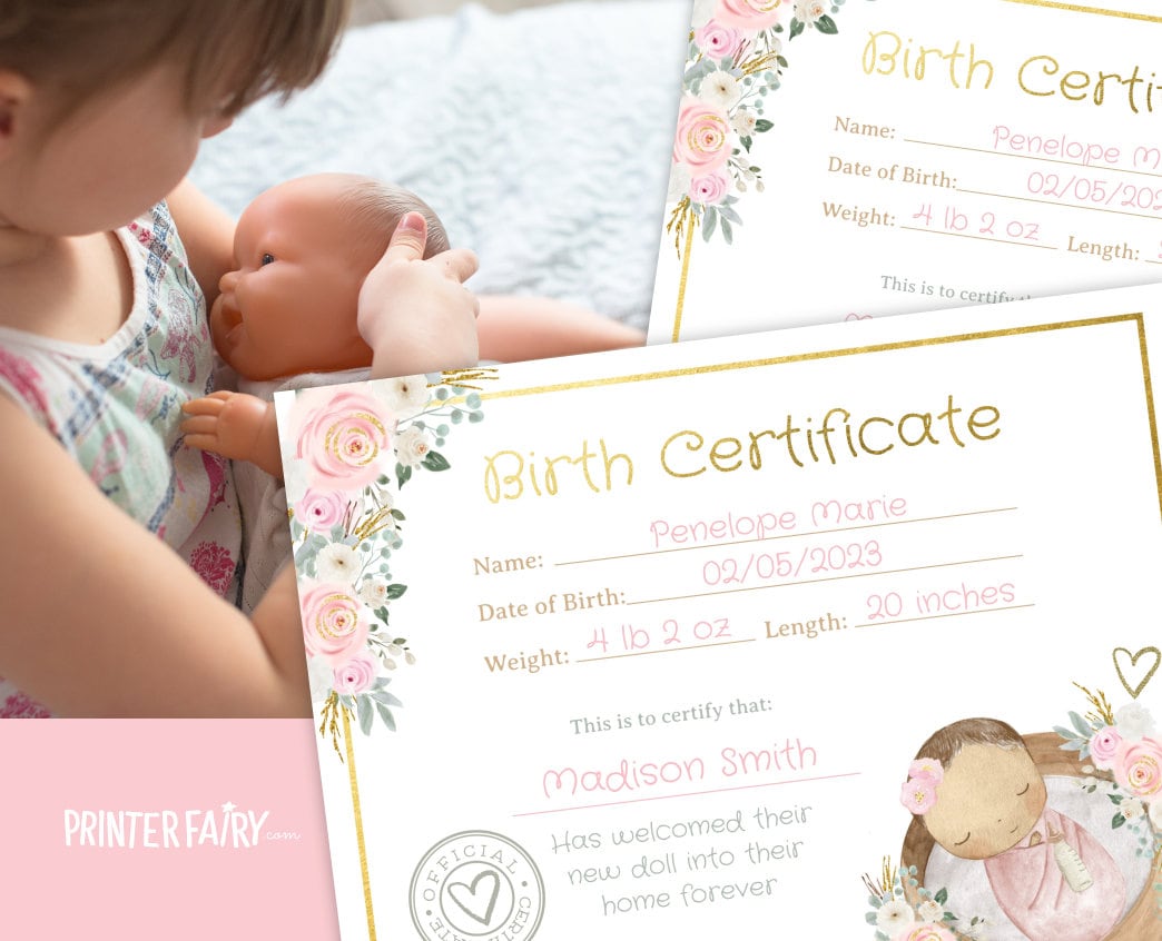Floral Doll Birth Certificate, Adoption Party (INSTANT DOWNLOAD)