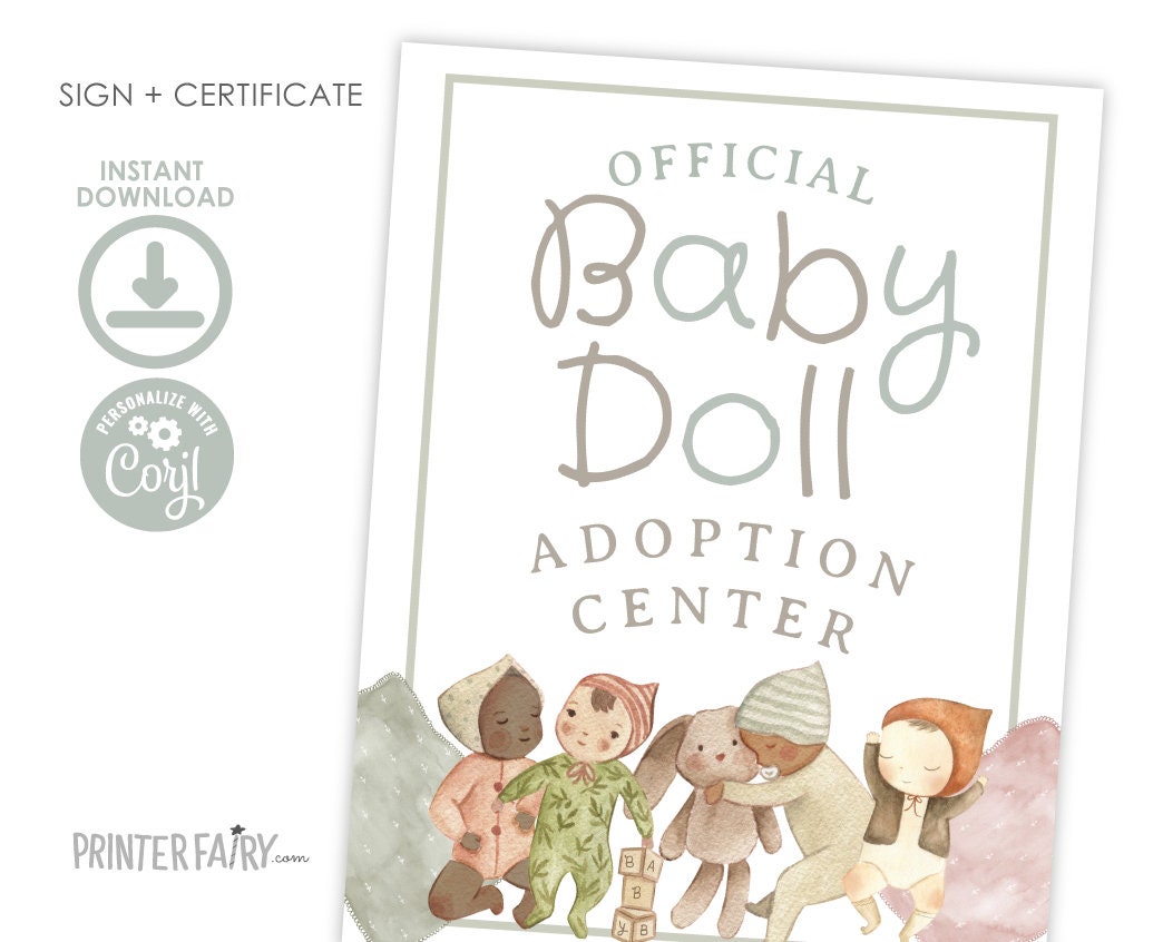 Editable Doll Adoption Certificate, Floral Birthday Party Sign (Instant Download)