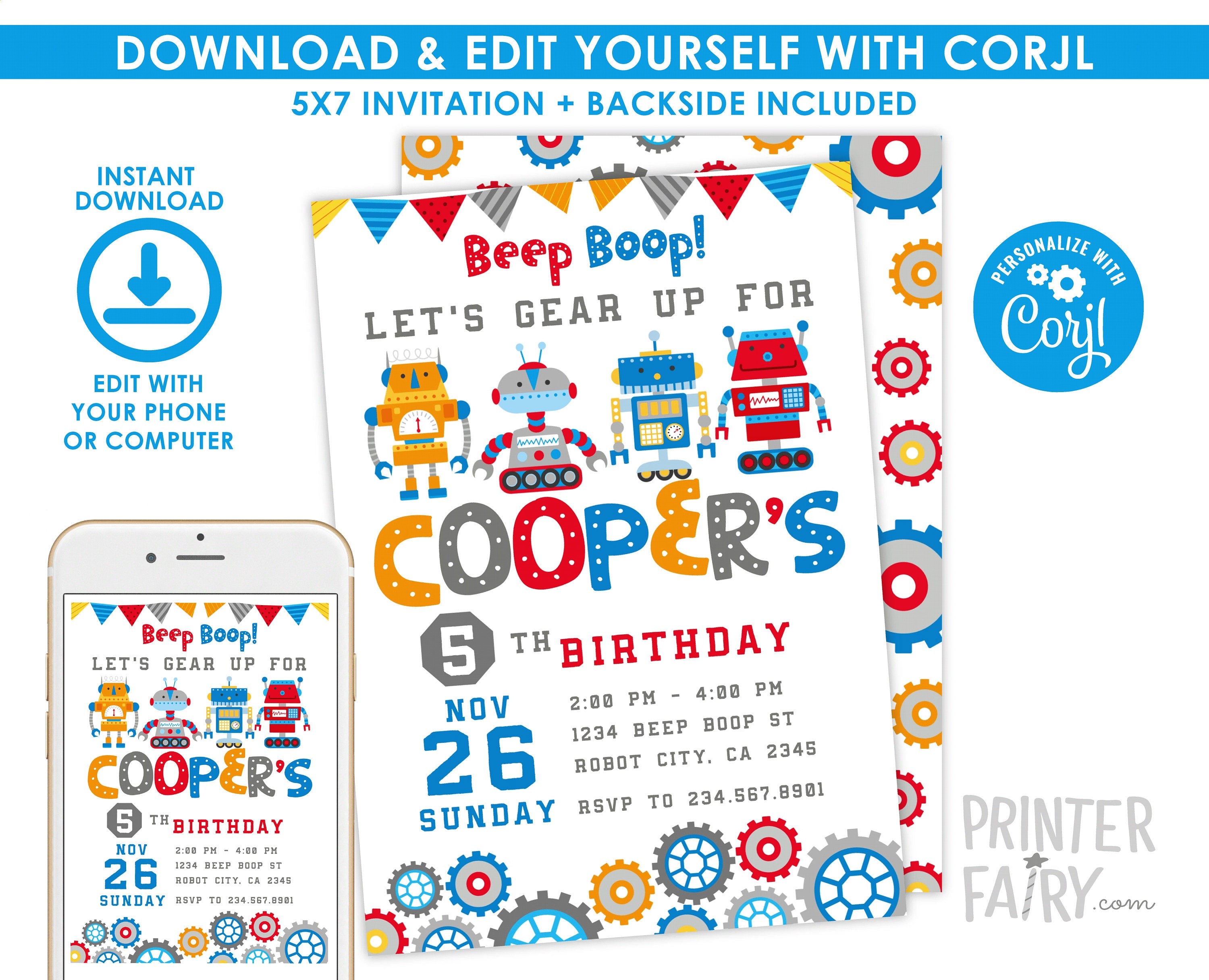 Retro Robot Birthday Invitation, Beep Boop Party, Editable (Instant Download)
