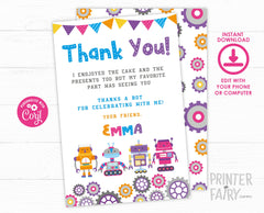 Robot Thank You Card, Editable Beep Boop Party (Instant Download)