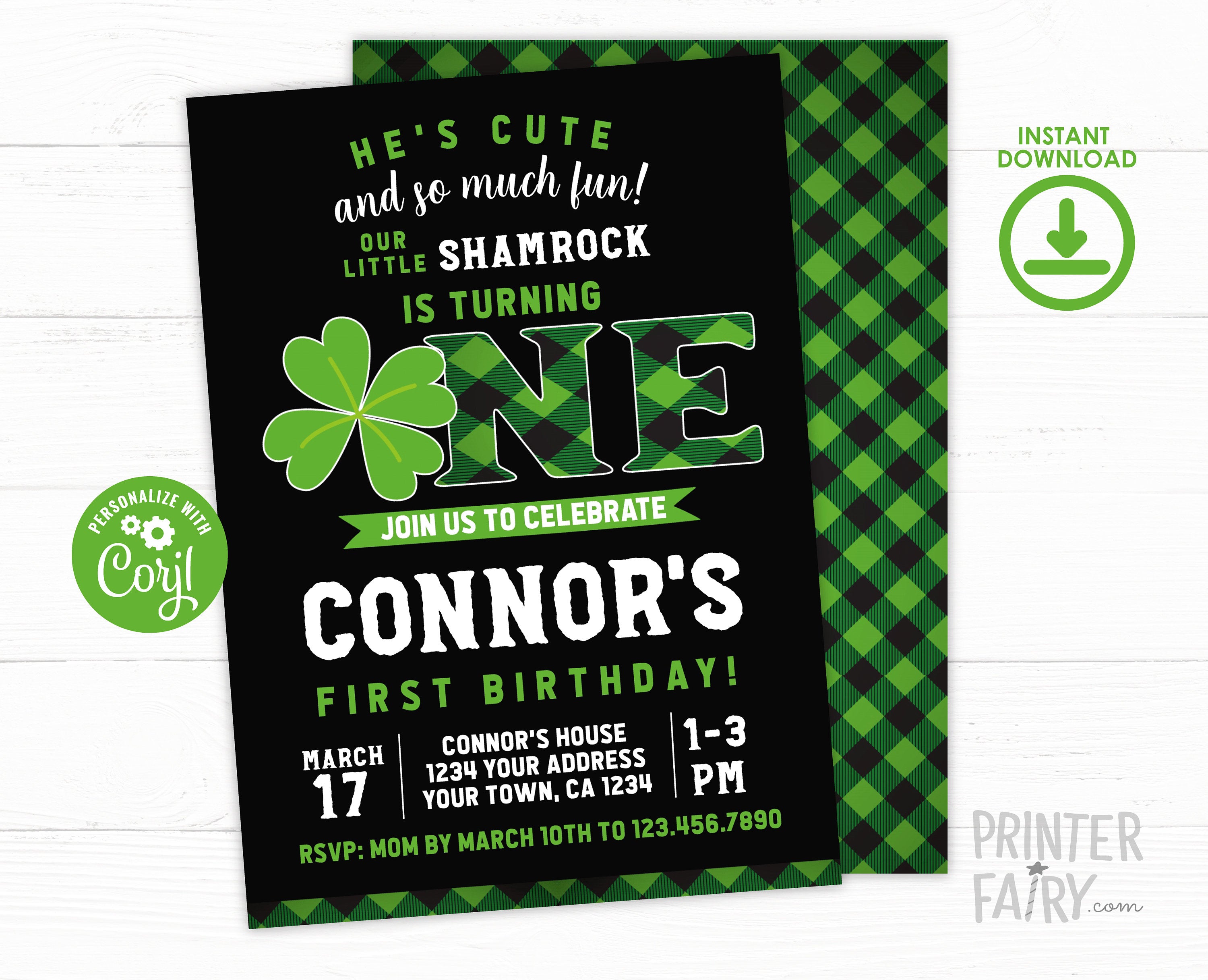 St Patricks Day First Birthday Invitation EDITABLE Template, INSTANT DOWNLOAD