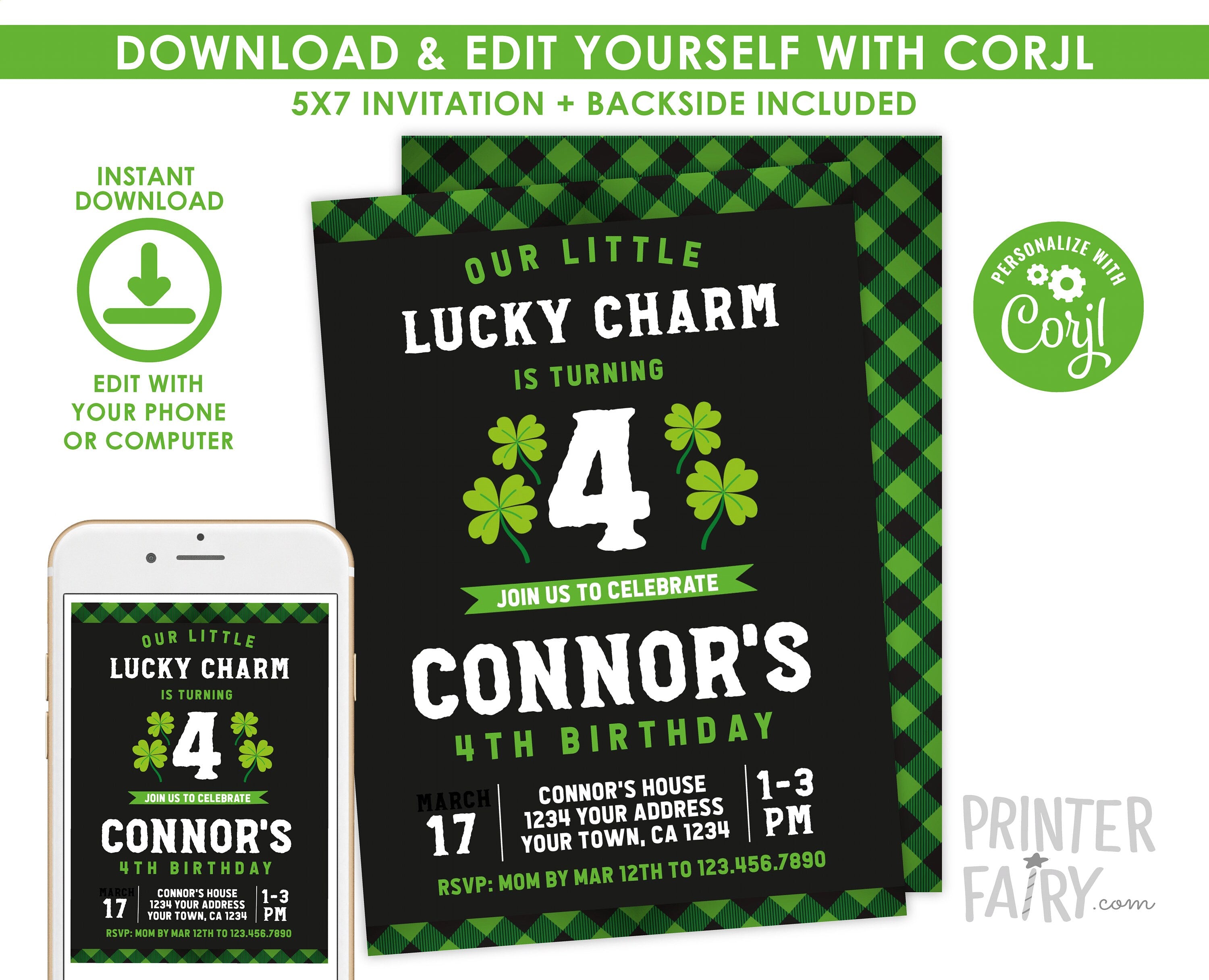 St Patrick Day Birthday Invitation, Lucky Charm Invitation, EDITABLE, Shamrock Birthday Party, St Patricks Day Invites, INSTANT DOWNLOAD