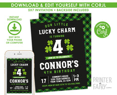 St Patrick Day Birthday Invitation, Lucky Charm Invitation, EDITABLE, Shamrock Birthday Party, St Patricks Day Invites, INSTANT DOWNLOAD
