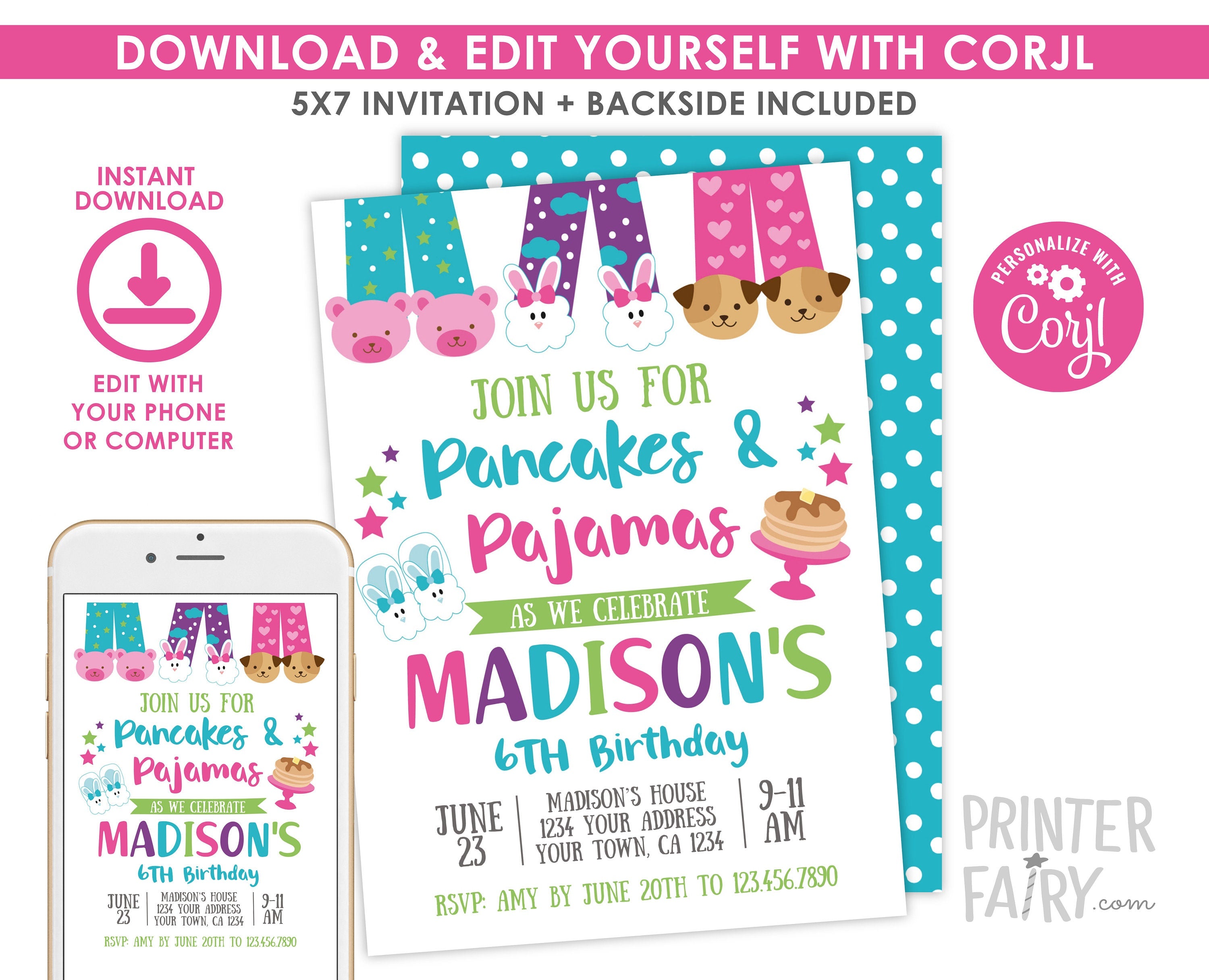 Pancakes and Pajamas Birthday Invitation, Editable Slumber Party Invite TEMPLATE (INSTANT DOWNLOAD)