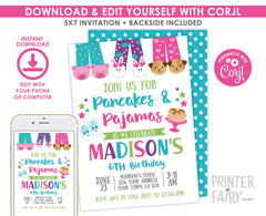 Pancakes and Pajamas Birthday Invitation, Editable Slumber Party Invite TEMPLATE (INSTANT DOWNLOAD)