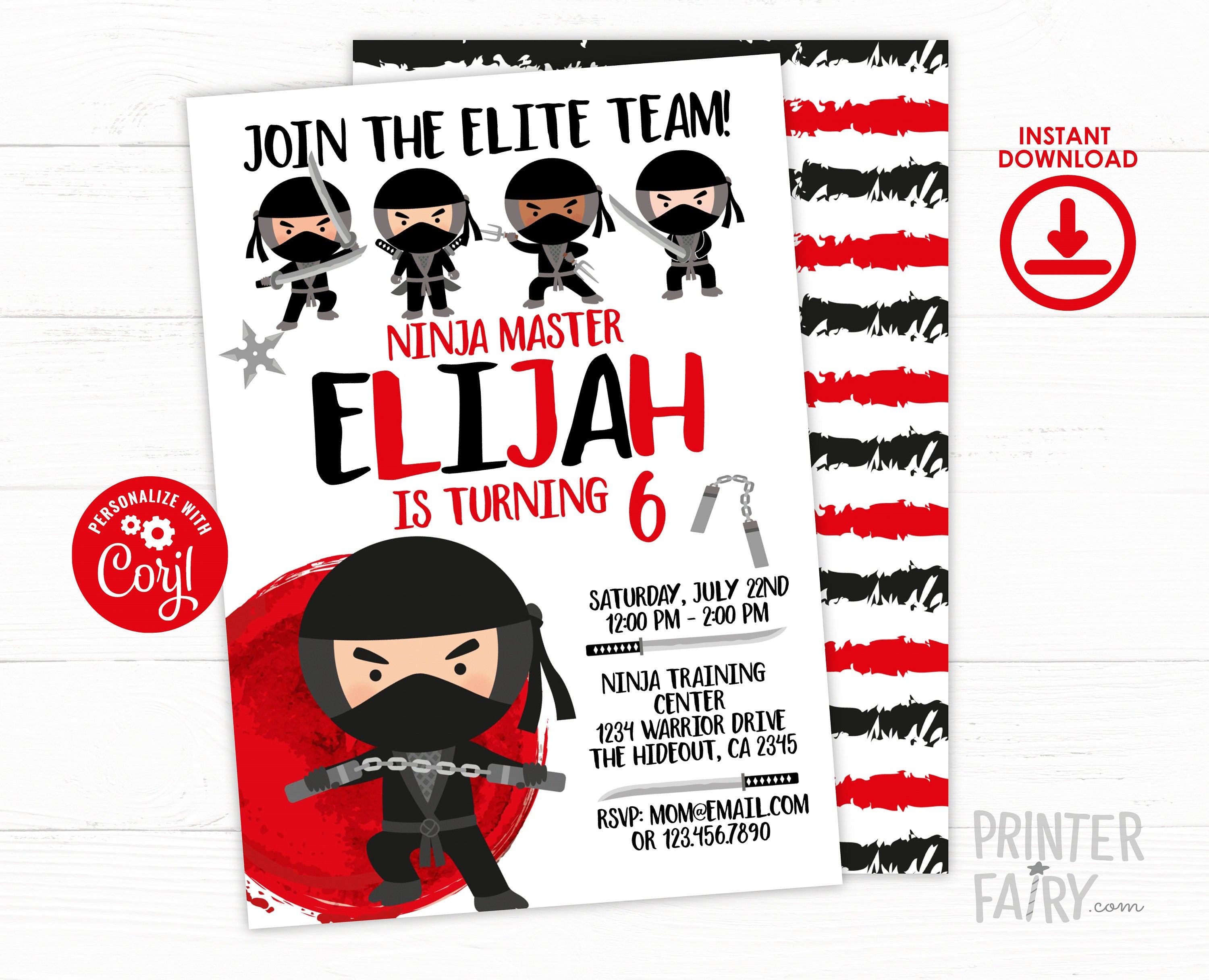 Ninja Birthday Invitation Editable Template, Martial Arts Party (Instant Download)