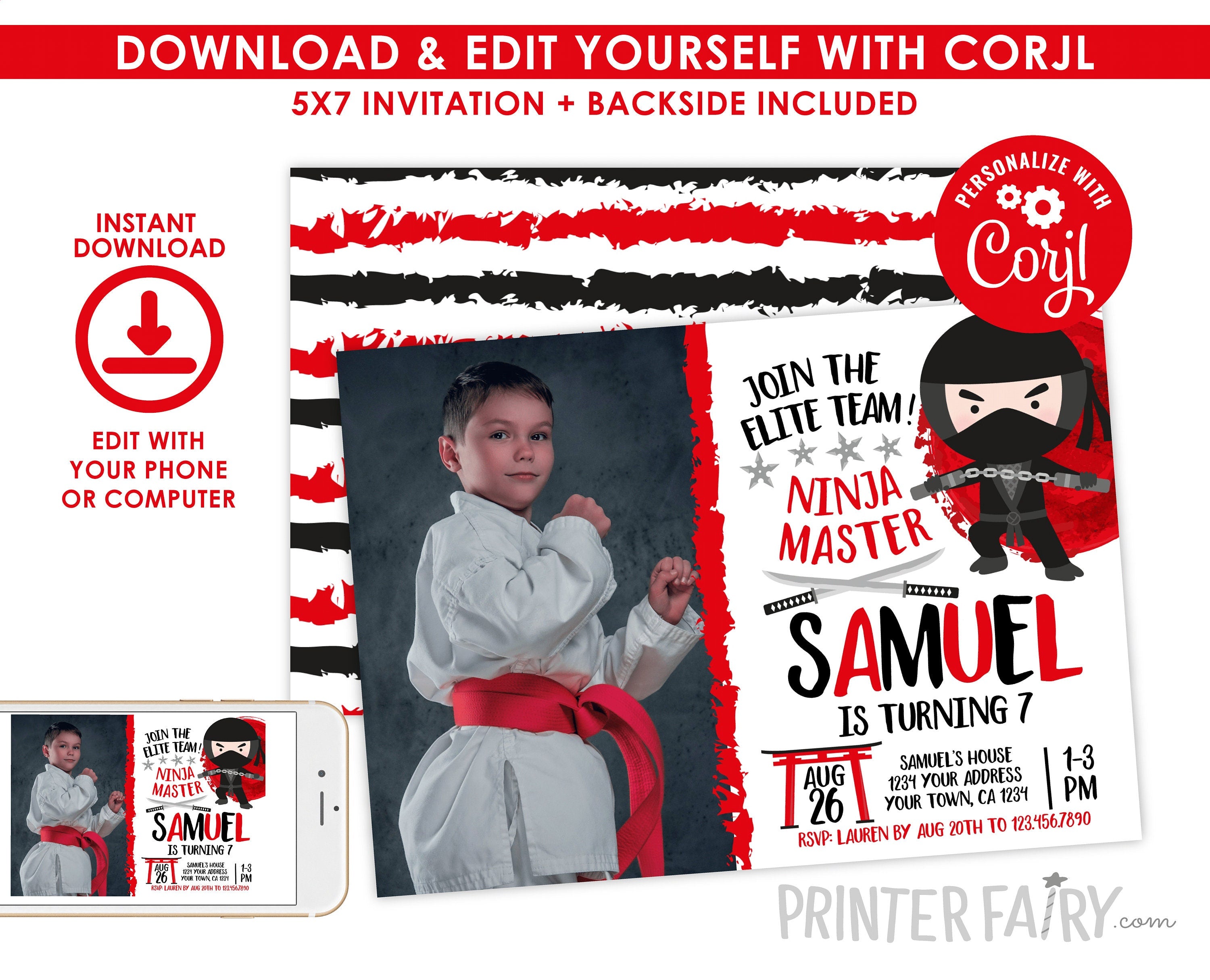 Editable Ninja Birthday Invitation, Martial Arts, Karate (Instant Download)