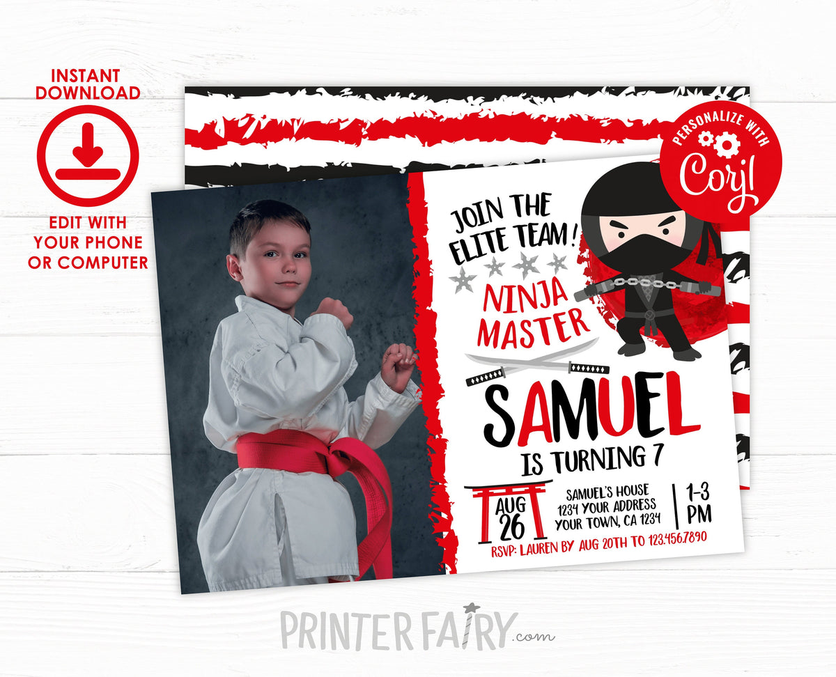 Editable Ninja Birthday Invitation, Martial Arts, Karate (Instant Download)