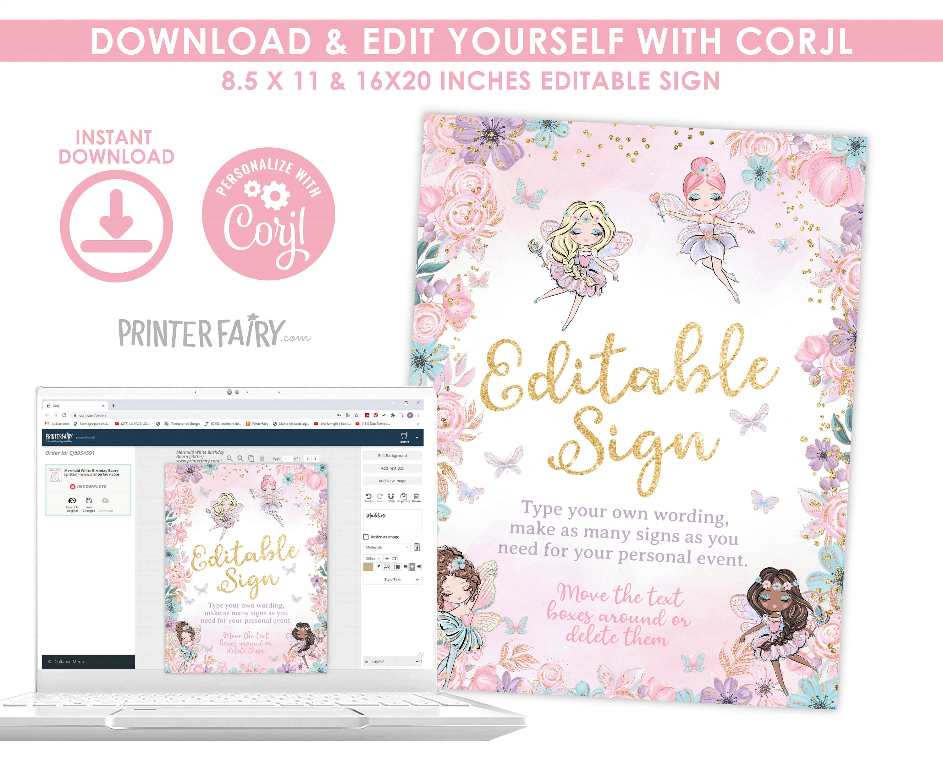 Fairy Ballerina Editable Welcome Sign, Floral Birthday Party (Digital Download)