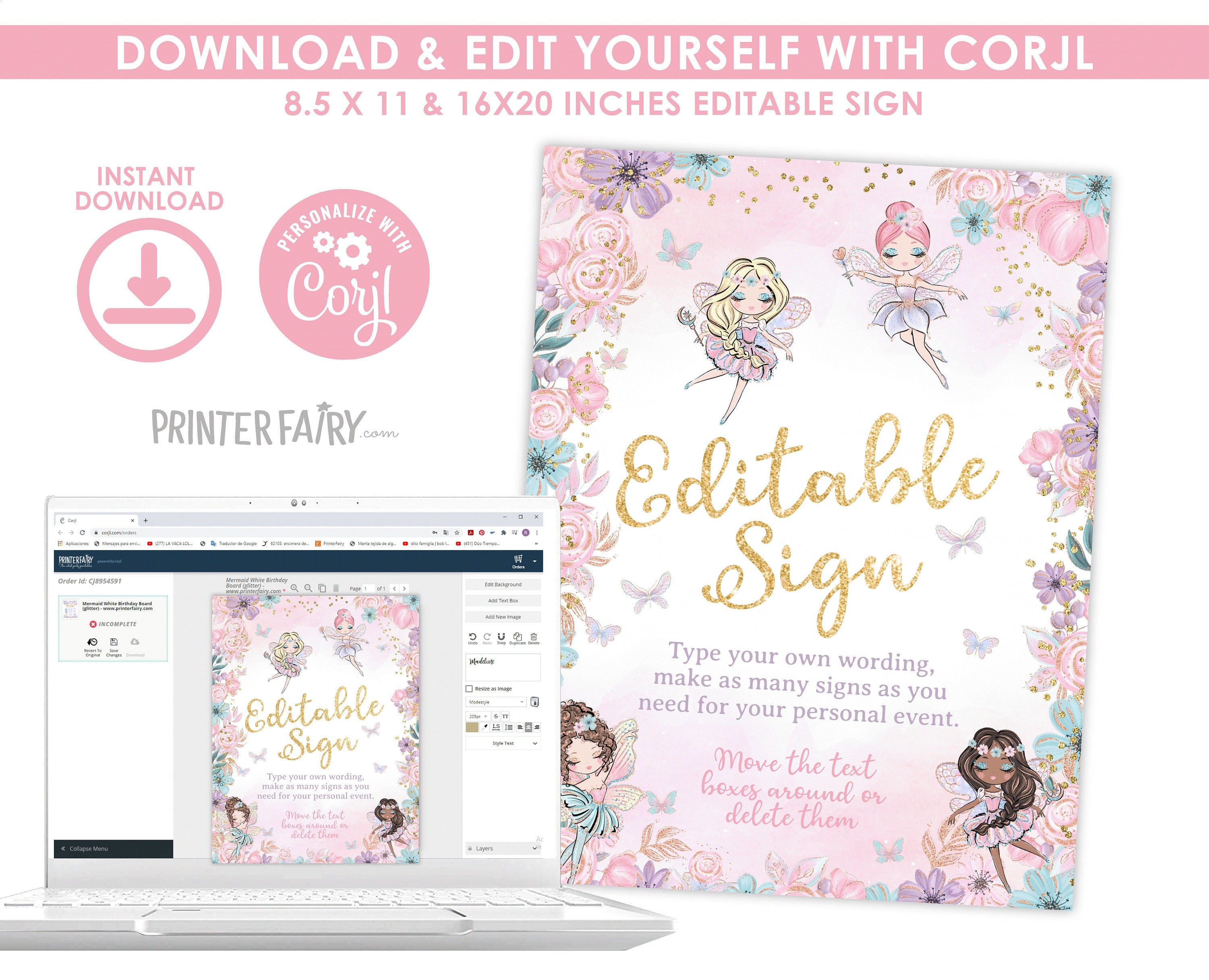 Fairy Ballerina Editable Welcome Sign, Floral Birthday Party (Digital Download)