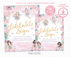 Fairy Ballerina Editable Welcome Sign, Floral Birthday Party (Digital Download)