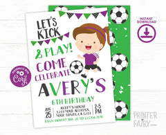 Soccer Girl Birthday Invitation Editable Template, INSTANT DOWNLOAD
