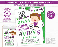 Soccer Girl Birthday Invitation Editable Template, INSTANT DOWNLOAD
