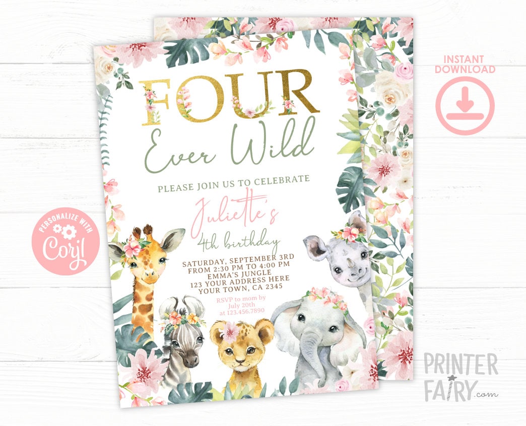 Floral Jungle Safari Girl 4th Birthday Invitation (INSTANT DOWNLOAD)