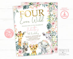 Floral Jungle Safari Girl 4th Birthday Invitation (INSTANT DOWNLOAD)
