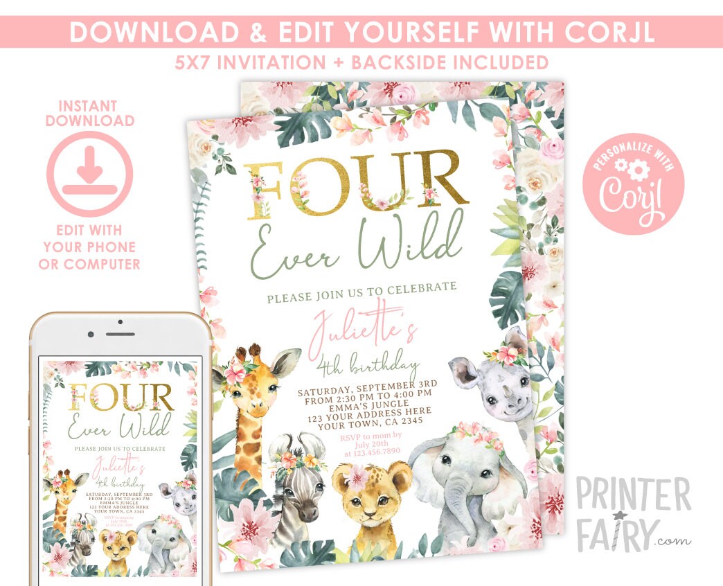 Floral Jungle Safari Girl 4th Birthday Invitation (INSTANT DOWNLOAD)