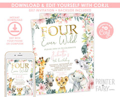 Floral Jungle Safari Girl 4th Birthday Invitation (INSTANT DOWNLOAD)