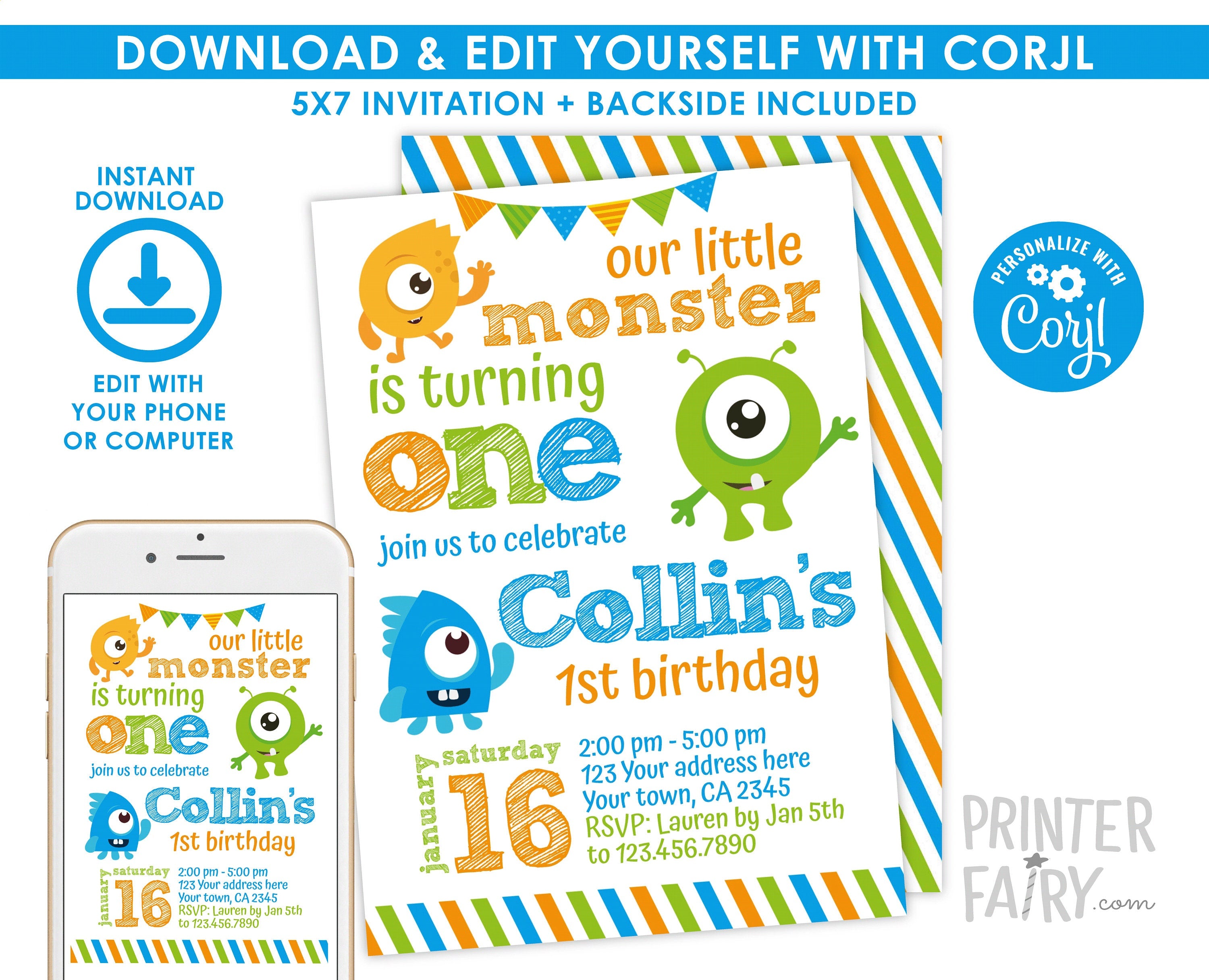 Editable Monster Birthday Invitation, Any Age (Digital Download)