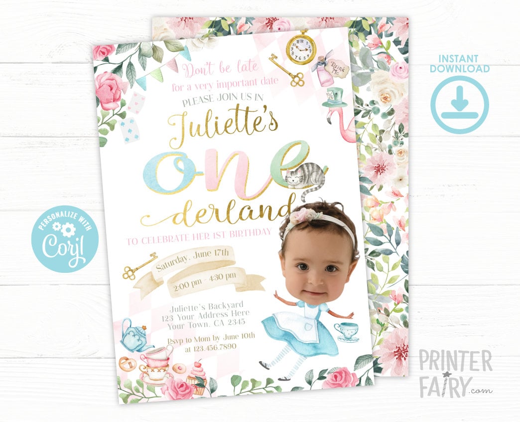 Alice in Onederland Birthday Invitation with Photo, Editable (Instant Download)