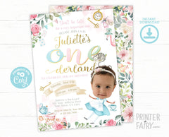 Alice in Onederland Birthday Invitation with Photo, Editable (Instant Download)