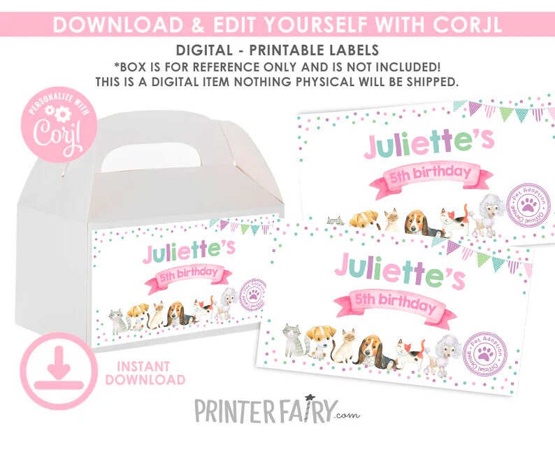 Puppies Kitties Adoption Party Box Labels, Pet Birthday Decorations (Digital Download)