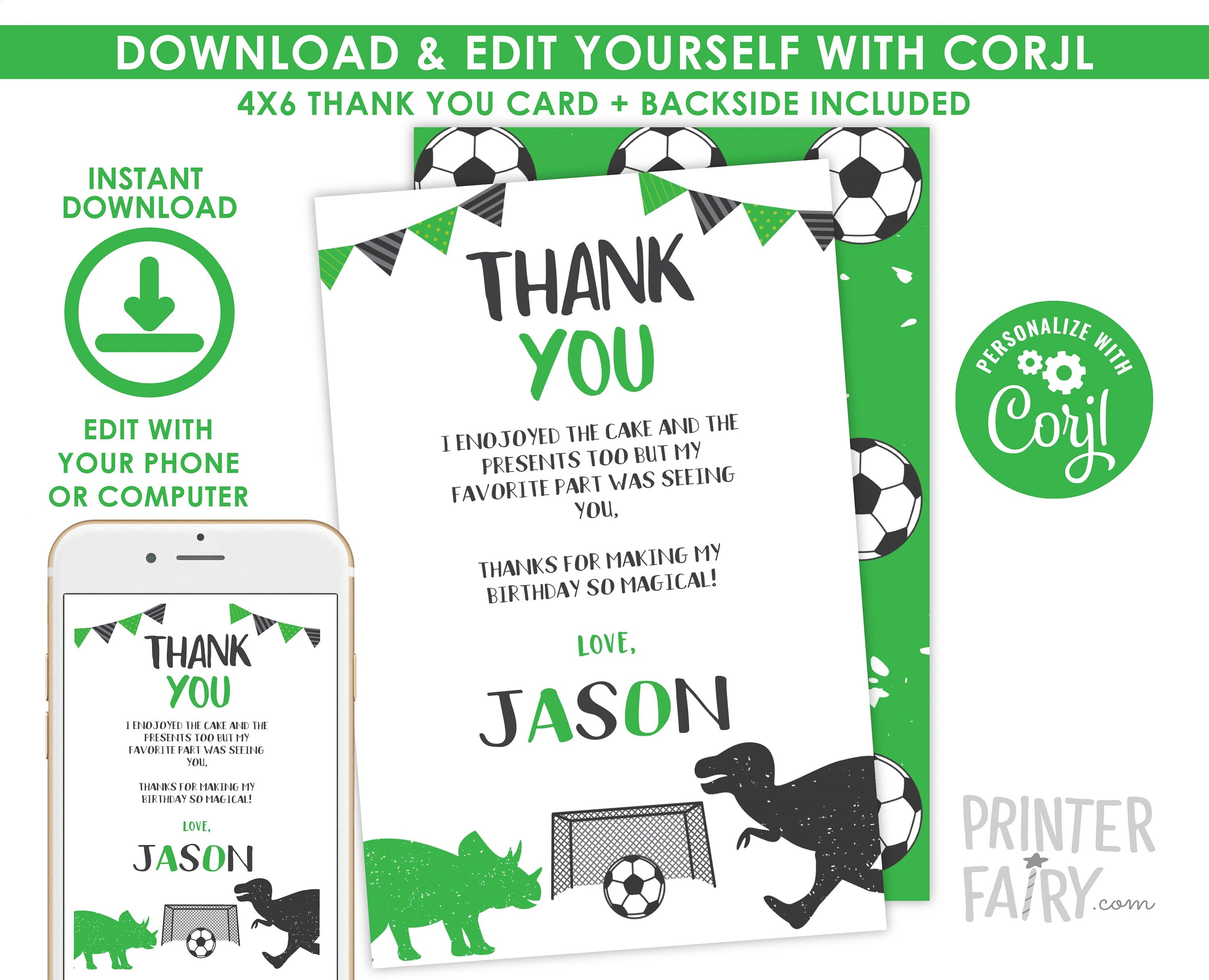 Dinosaur Soccer Thank You Cards, Editable Sports Party (Instant Download)