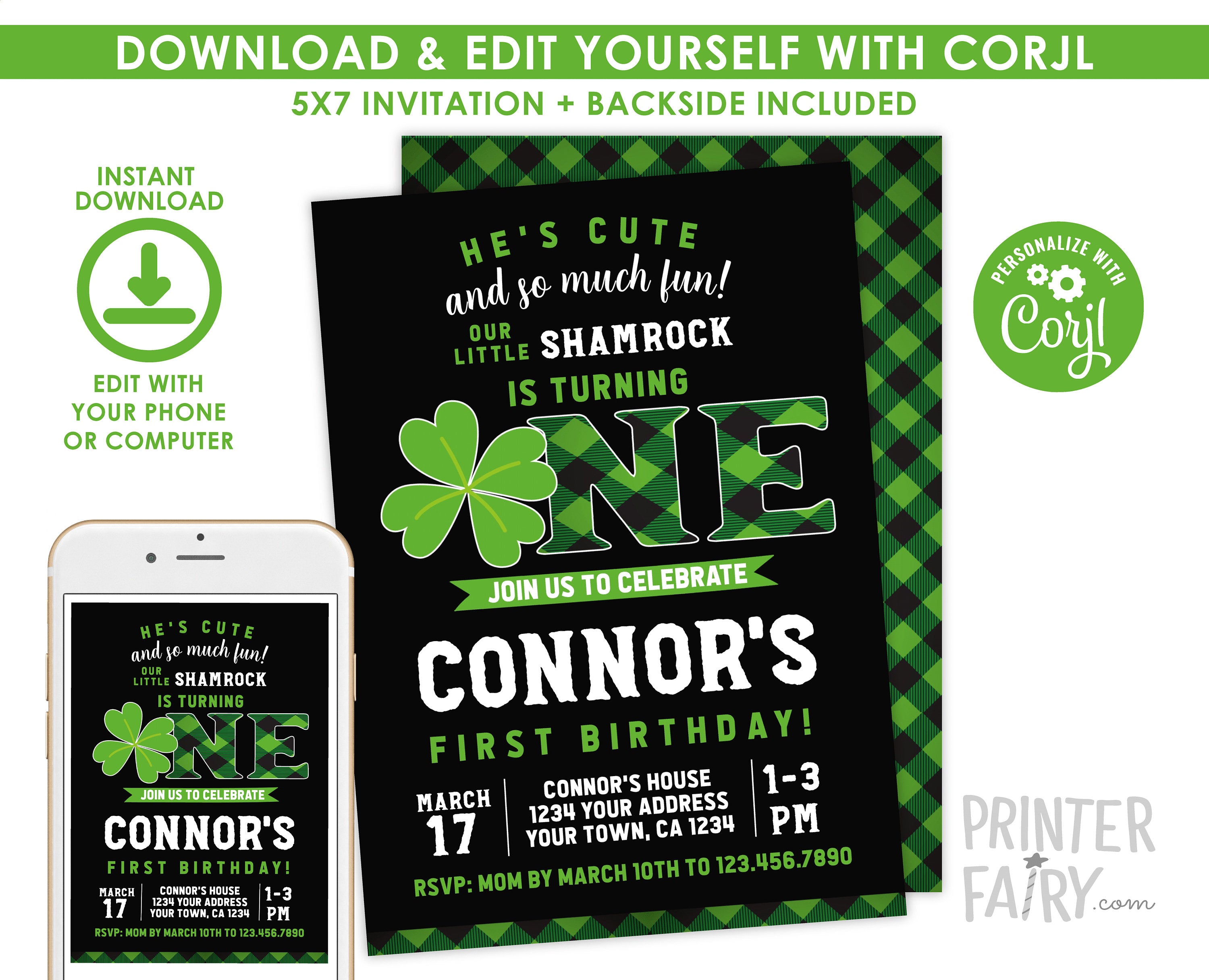 St Patricks Day First Birthday Invitation EDITABLE Template, INSTANT DOWNLOAD
