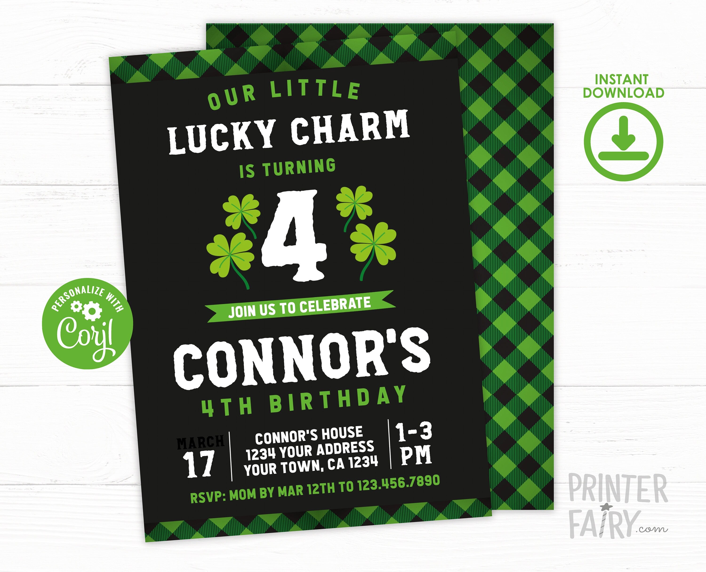 St Patrick Day Birthday Invitation, Lucky Charm Invitation, EDITABLE, Shamrock Birthday Party, St Patricks Day Invites, INSTANT DOWNLOAD