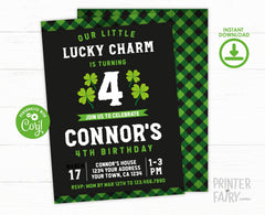 St Patrick Day Birthday Invitation, Lucky Charm Invitation, EDITABLE, Shamrock Birthday Party, St Patricks Day Invites, INSTANT DOWNLOAD
