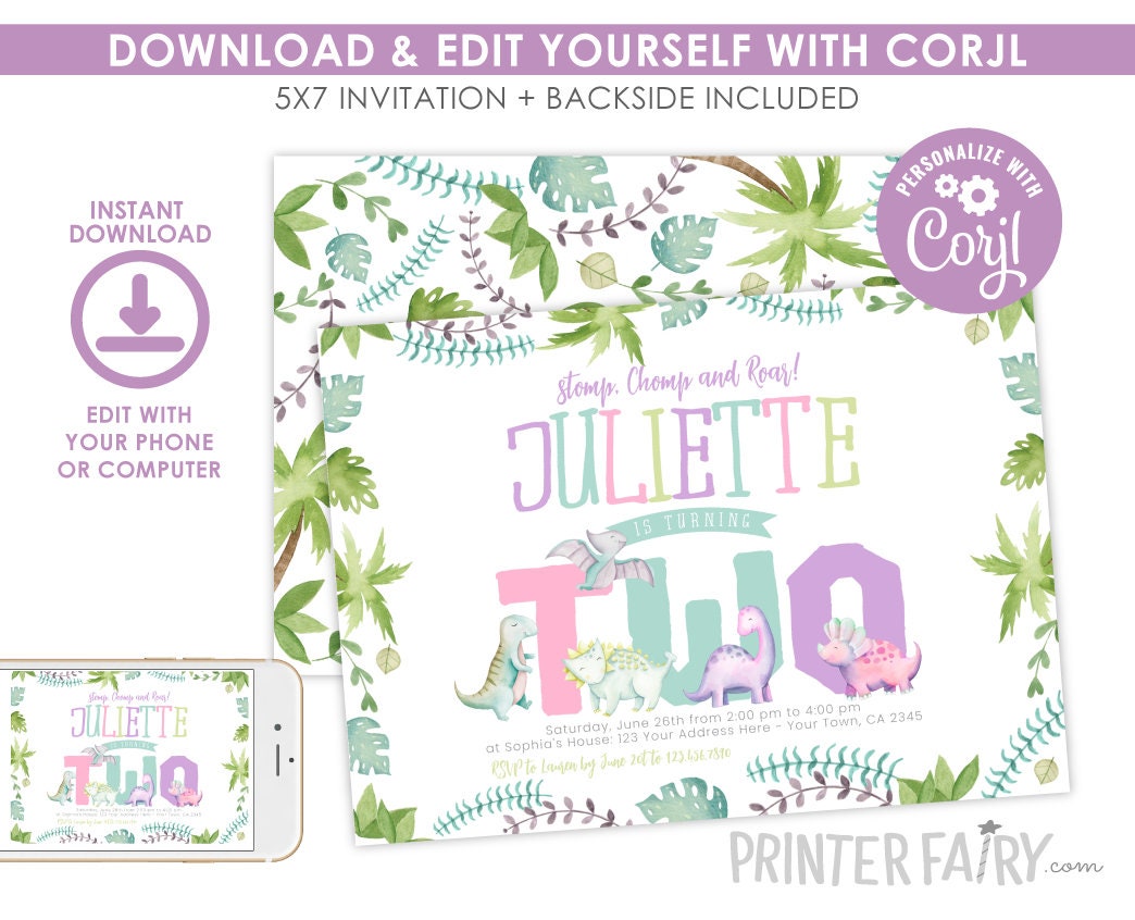 Dinosaur Girl 2nd Birthday Invitation, Stomp Chomp Roar, EDITABLE (Instant Download)