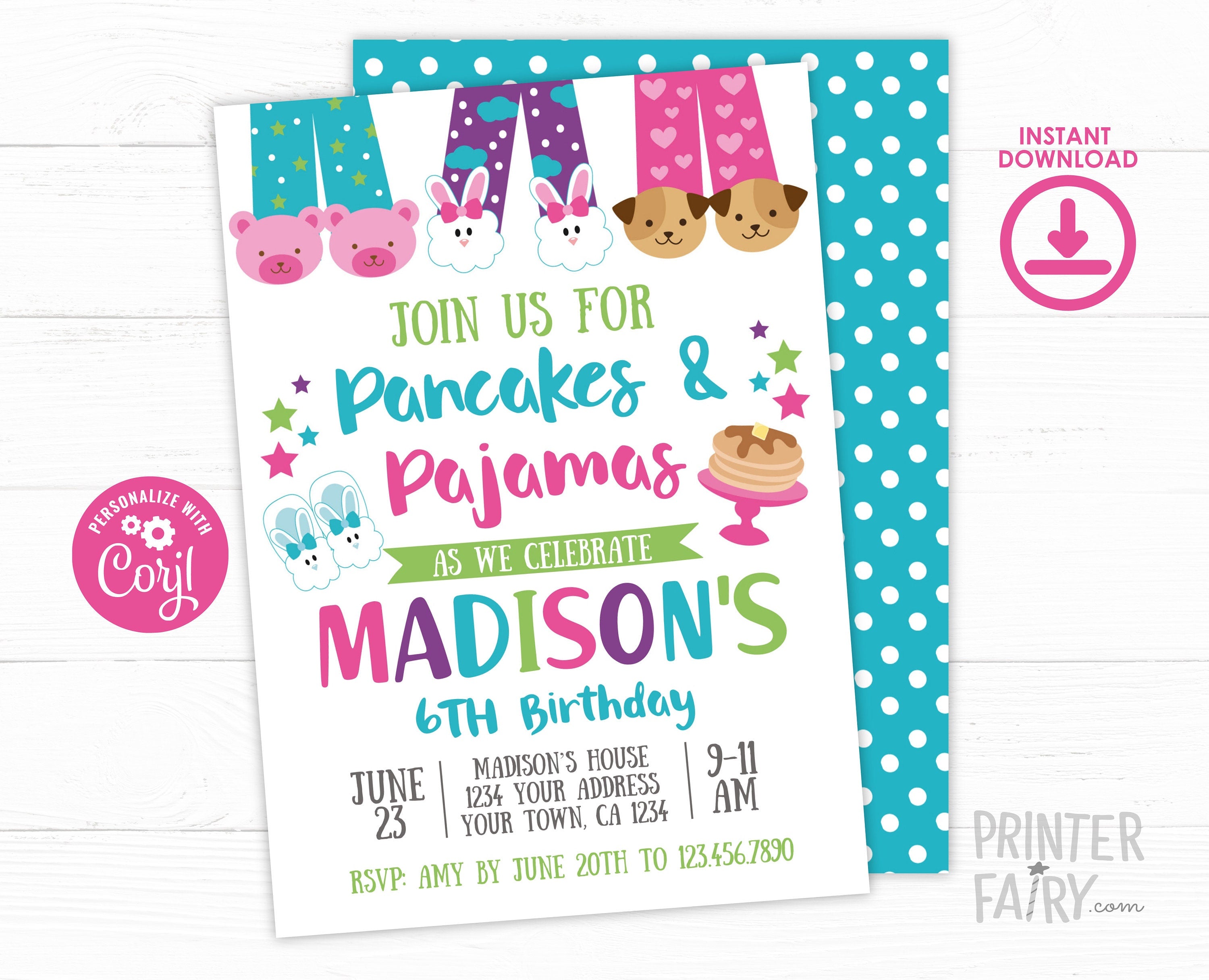 Pancakes and Pajamas Birthday Invitation, Editable Slumber Party Invite TEMPLATE (INSTANT DOWNLOAD)
