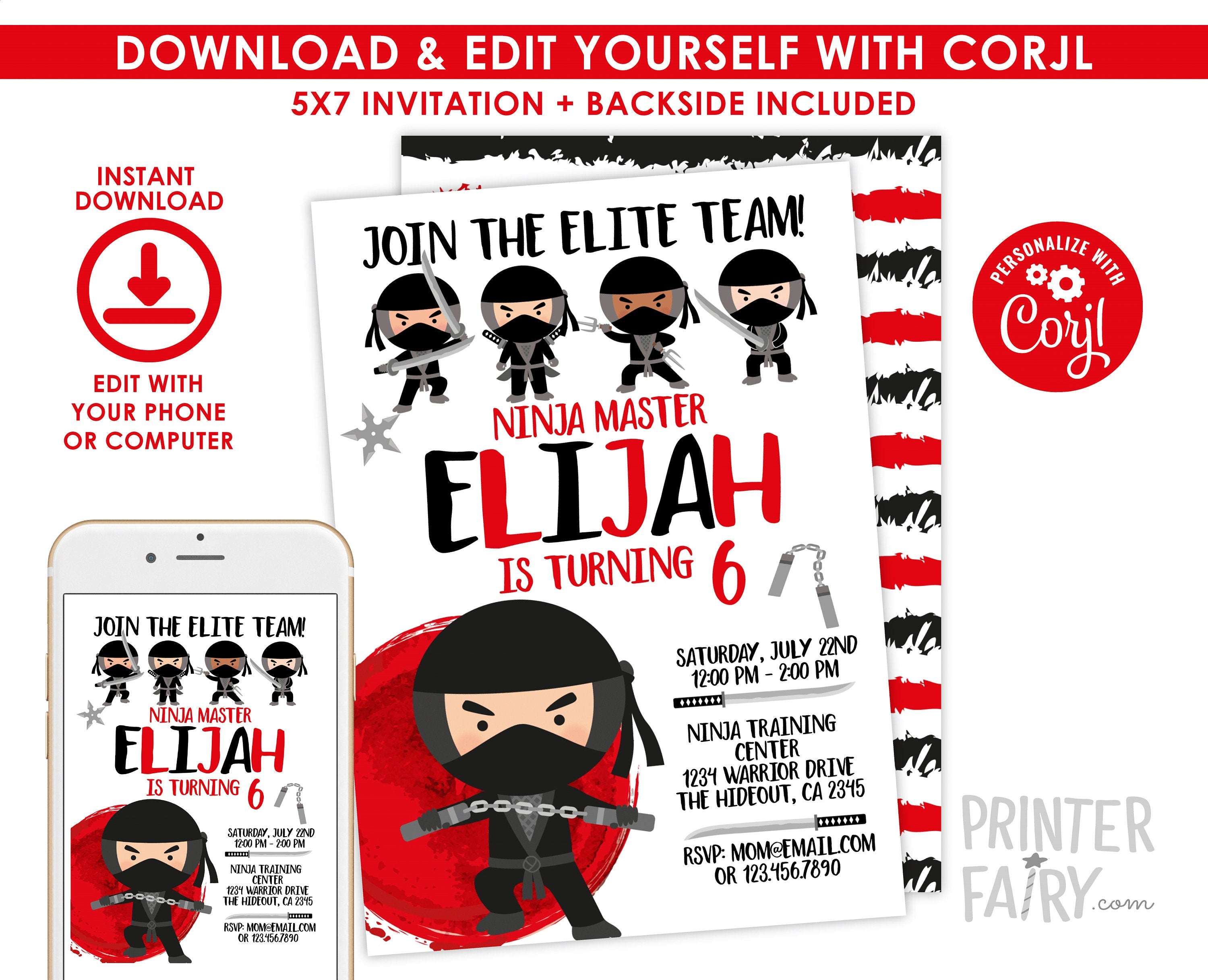 Ninja Birthday Invitation Editable Template, Martial Arts Party (Instant Download)