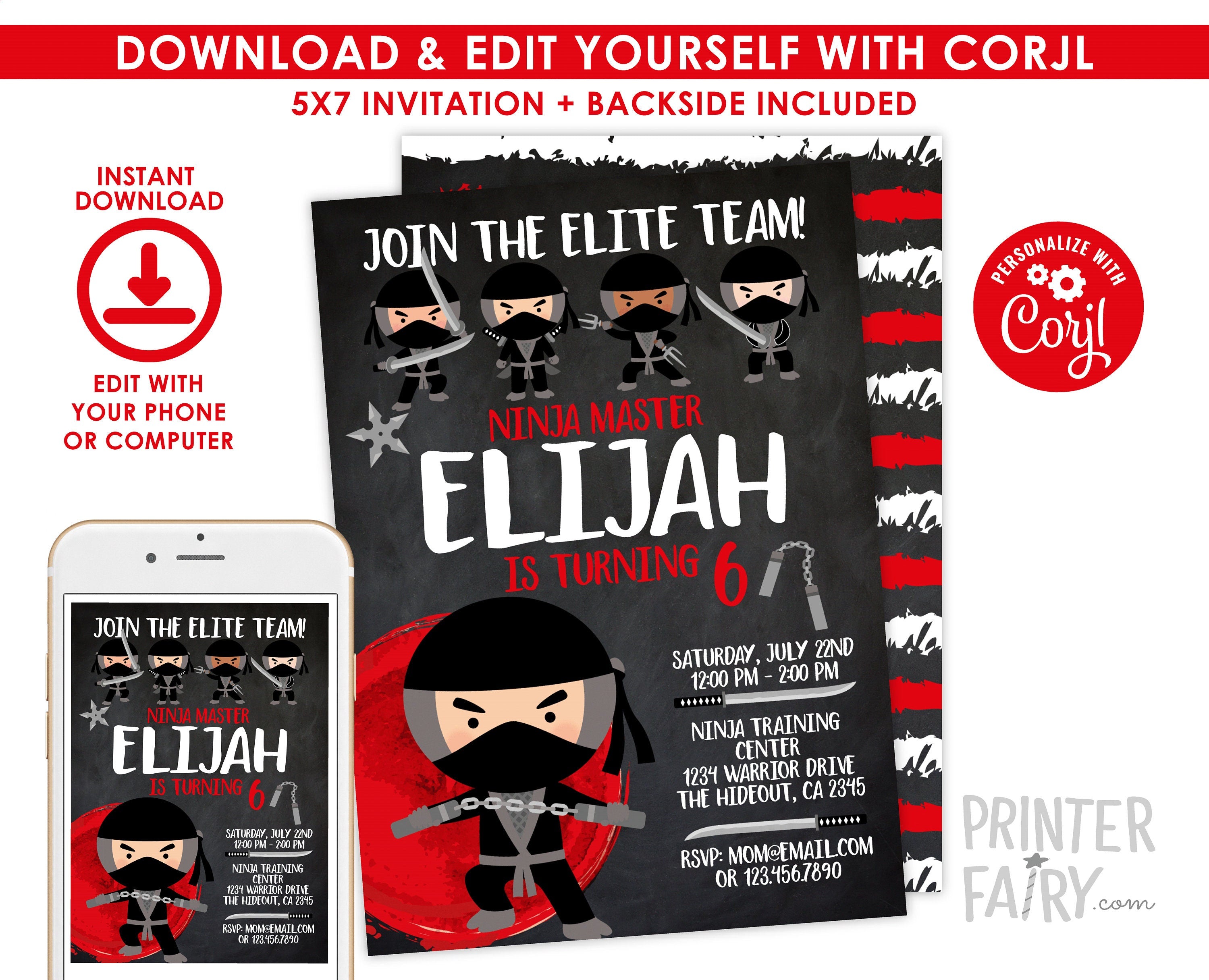 Editable Ninja Birthday Invitation, Martial Arts Party (Instant Download)