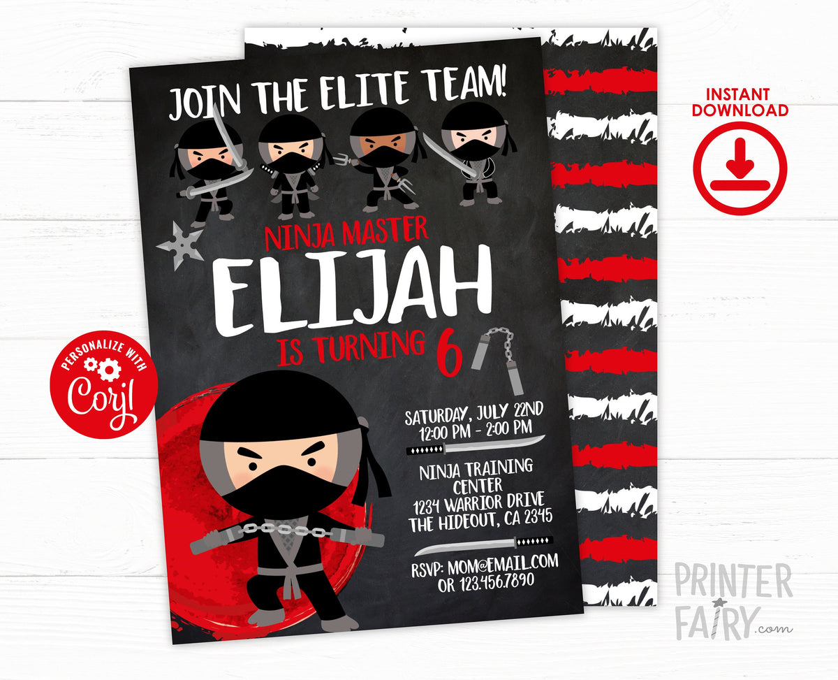 Editable Ninja Birthday Invitation, Martial Arts Party (Instant Download)
