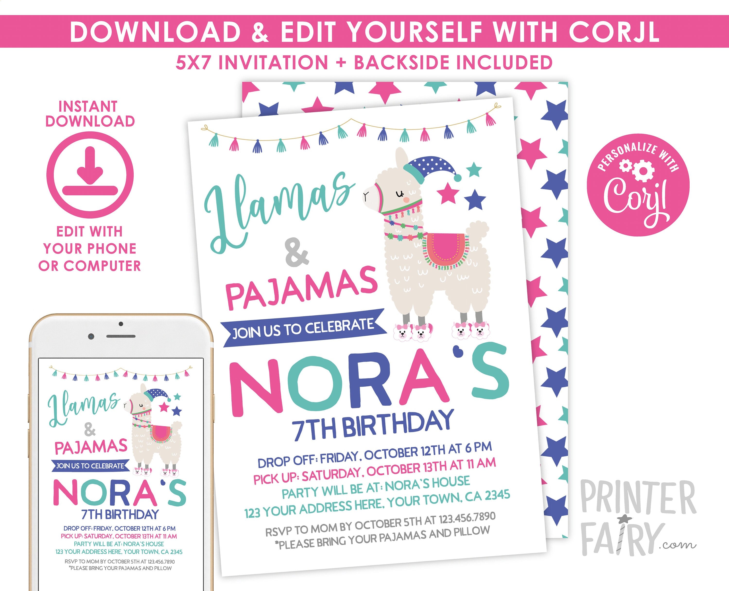 Llama Pajama Party Invitation Editable Template for Any Age, Slumber Party Invite (Instant Download)