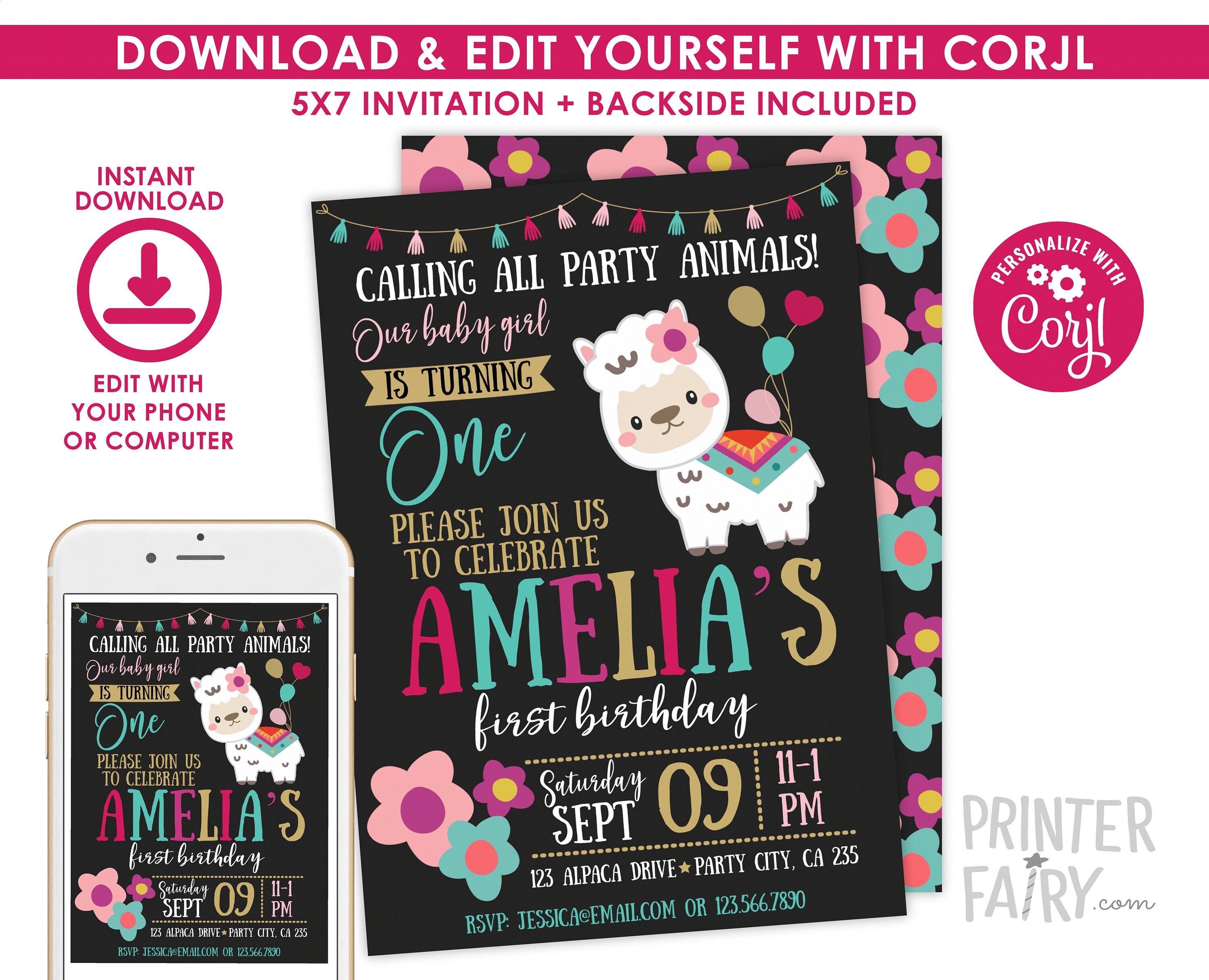 Llama First Birthday Invitation, EDITABLE (Instant Download)