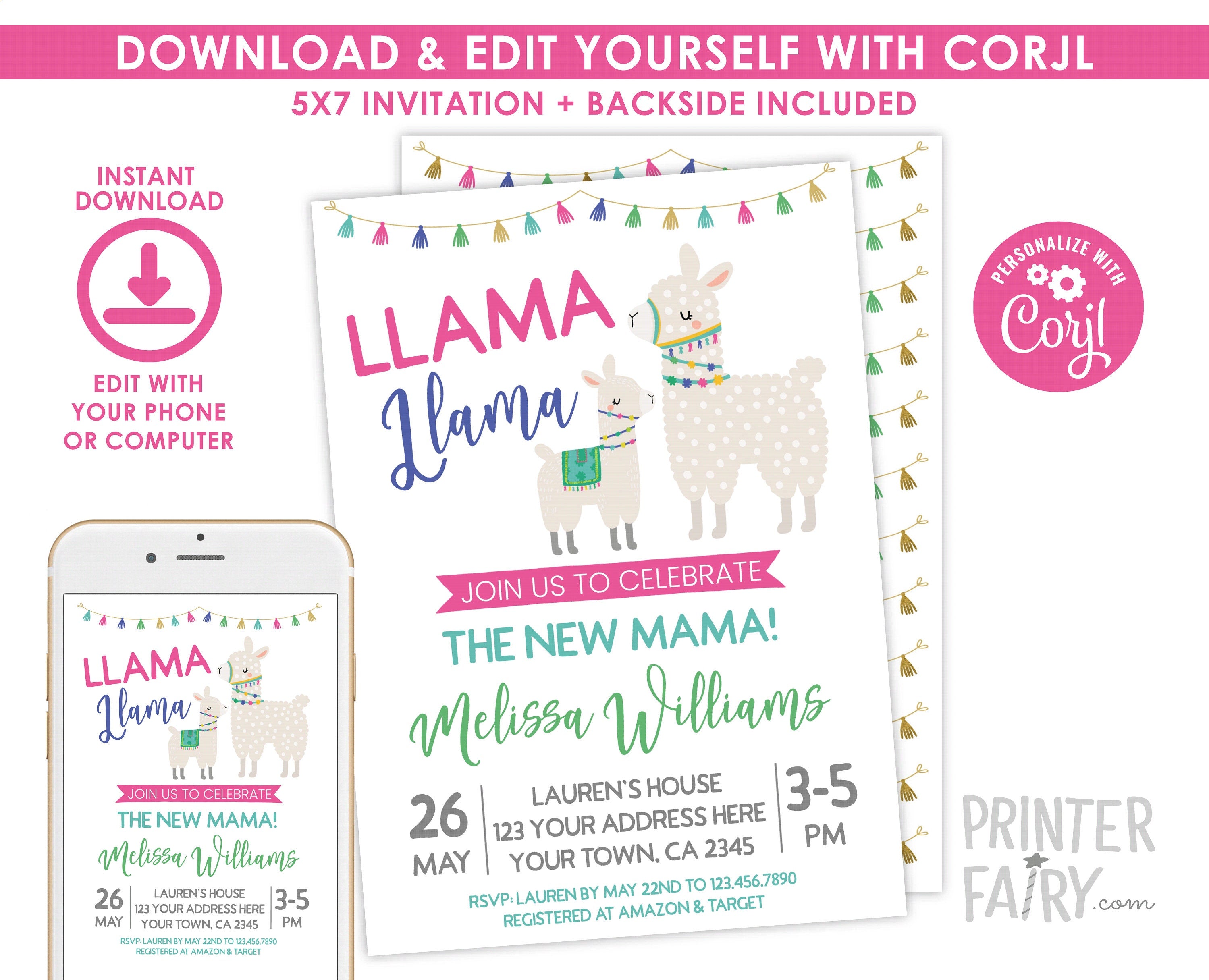 Llama Baby Shower Invitation Editable Template, Instant Download