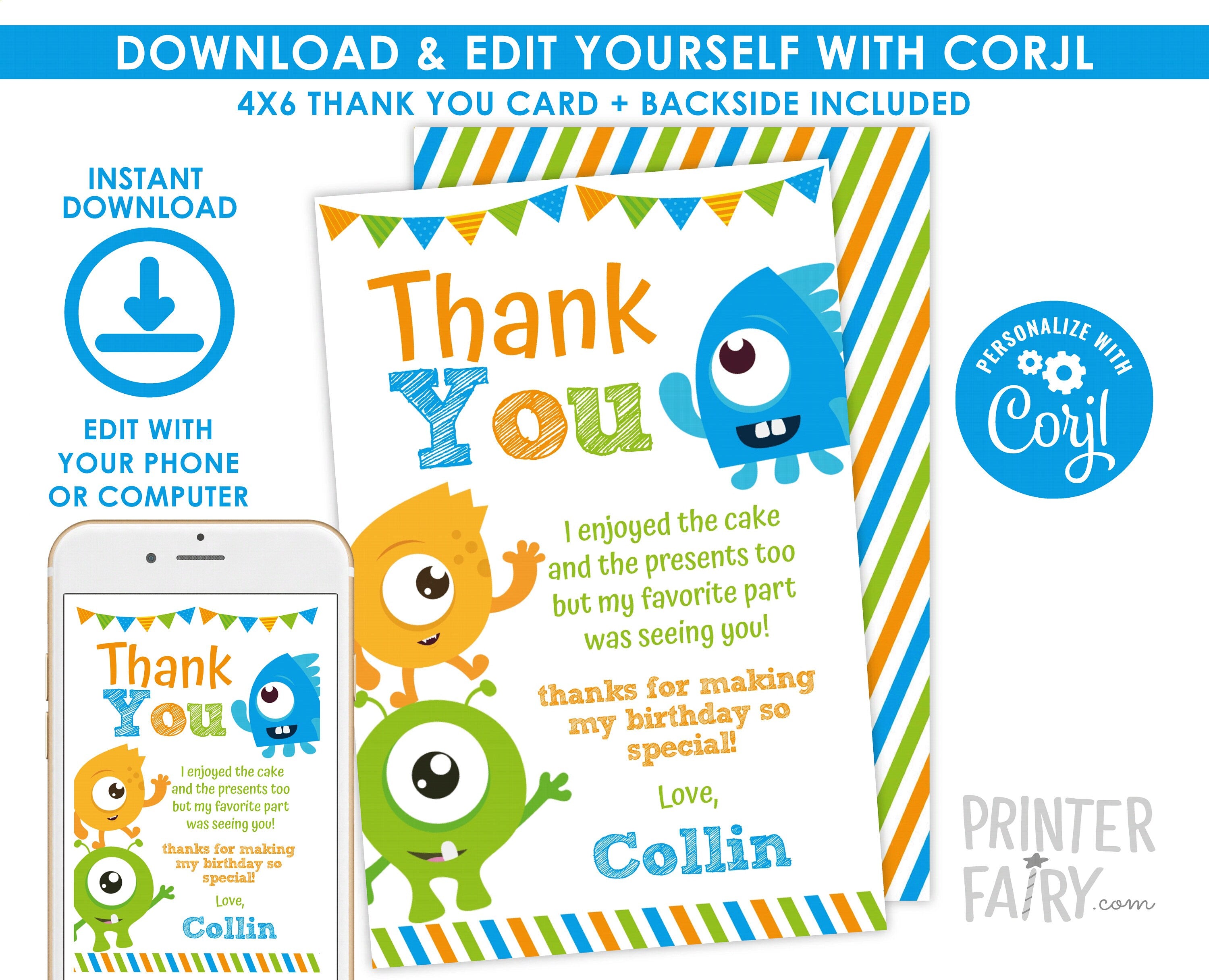 Little Monster Thank You Cards, EDITABLE Notes (Instant Download)