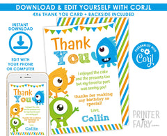 Little Monster Thank You Cards, EDITABLE Notes (Instant Download)