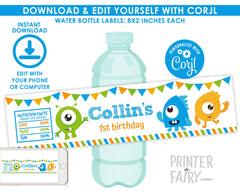 Little Monster Birthday Water Bottle Labels, EDITABLE (Digital Download)