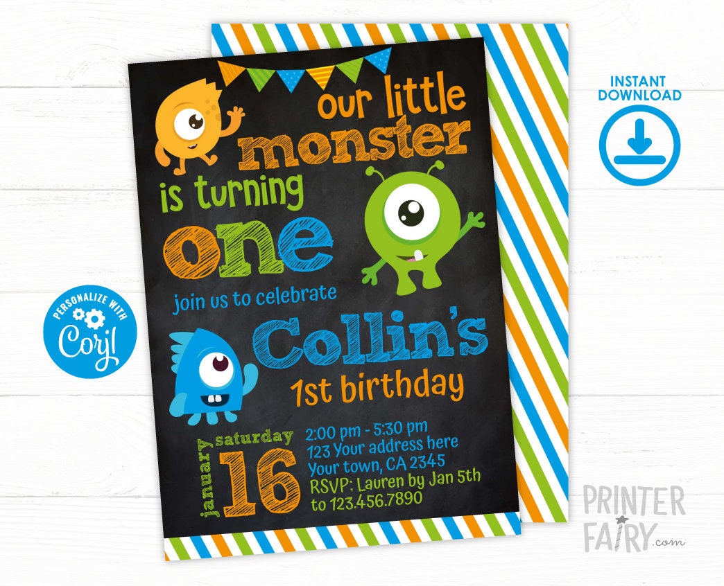 Little Monster Invitation 1st Birthday Party, Any age, EDIT YOURSELF Digital Invite, Instant Download