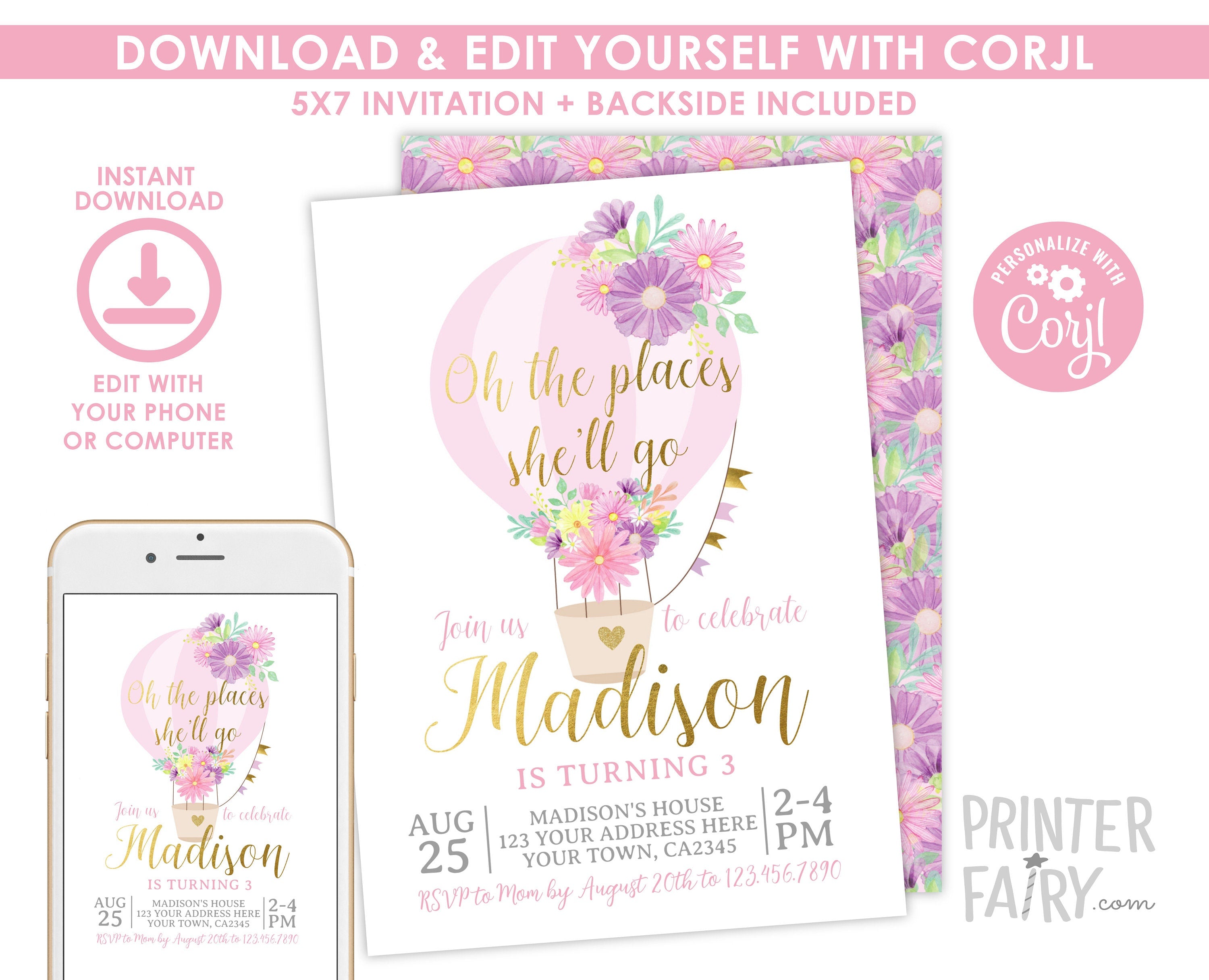 Hot Air Balloon Floral Birthday Invitation, Editable Template (INSTANT DOWNLOAD)