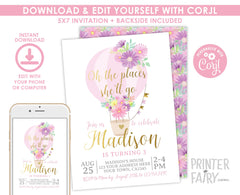 Hot Air Balloon Floral Birthday Invitation, Editable Template (INSTANT DOWNLOAD)