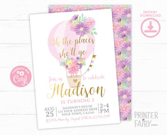 Hot Air Balloon Floral Birthday Invitation, Editable Template (INSTANT DOWNLOAD)
