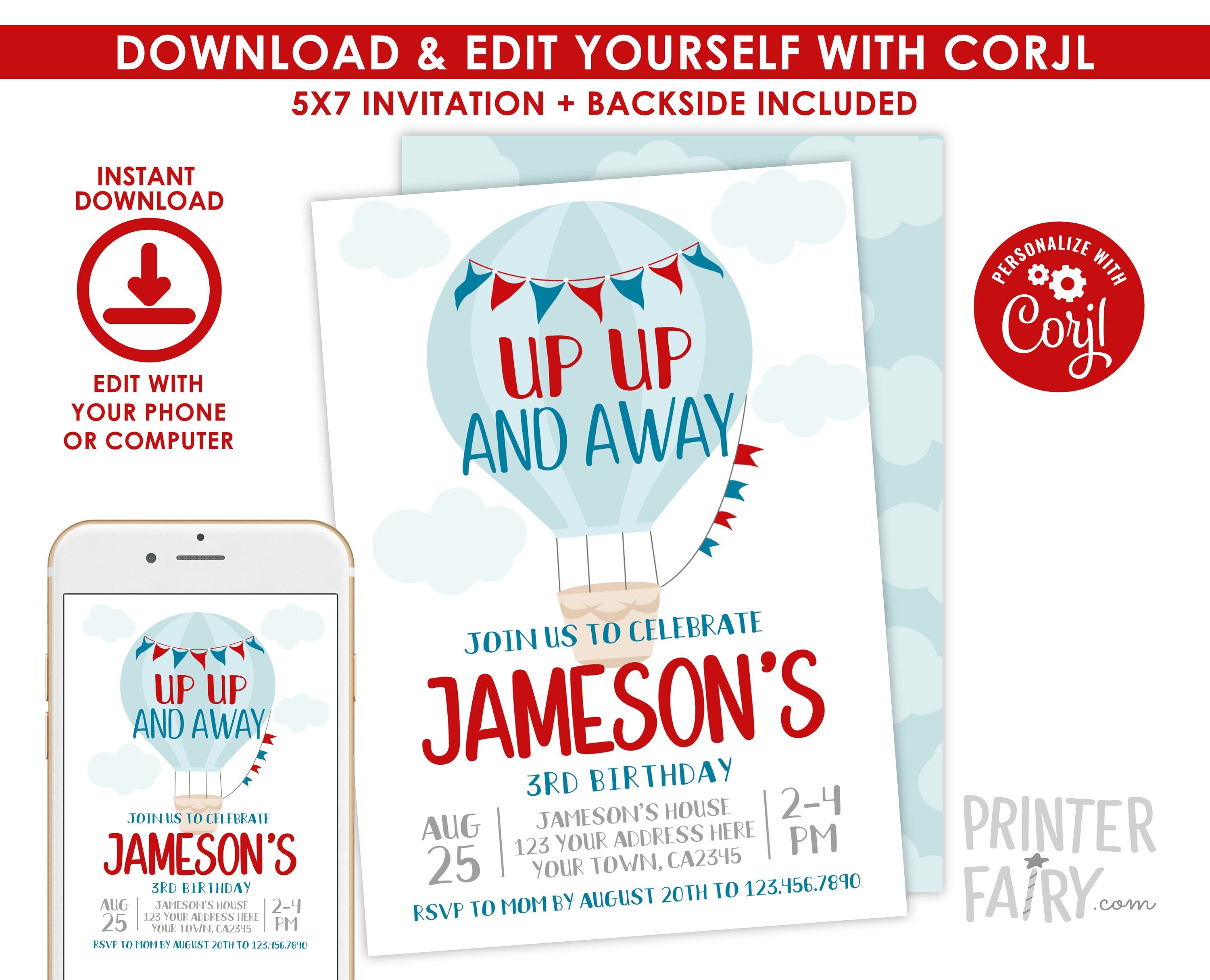 Hot Air Balloon Birthday Invitation, Editable Template (Instant Download)