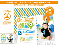 Monster 1st Birthday Invitation with Photo, Editable (Digital Download)