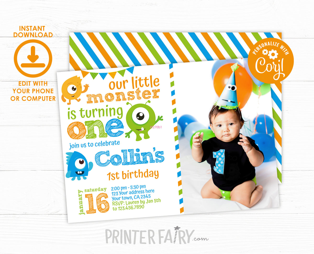 Monster 1st Birthday Invitation with Photo, Editable (Digital Download)