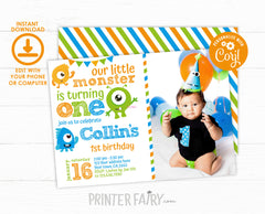 Monster 1st Birthday Invitation with Photo, Editable (Digital Download)